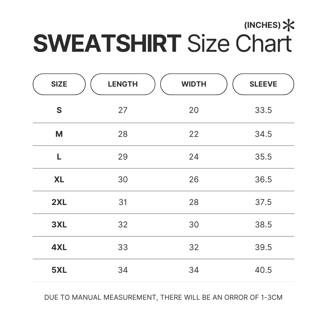 Sweatshirt Size Chart - Inuyasha Shop