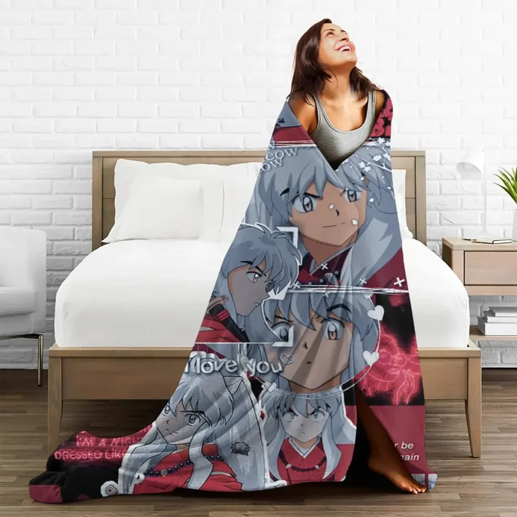 kf S58975a7fab9f46a5835715217fad5ff7U Inuyasha Cartoon Blankets Flannel Autumn Winter Japanese Anime Portable Thin Throw Blanket for Sofa Car Plush - Inuyasha Shop