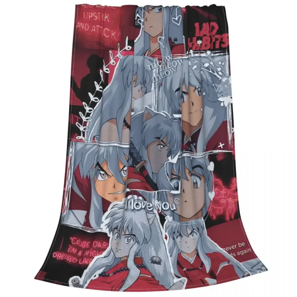 kf Sca30ba10987546189552df188c2e79bbP Inuyasha Cartoon Blankets Flannel Autumn Winter Japanese Anime Portable Thin Throw Blanket for Sofa Car Plush - Inuyasha Shop