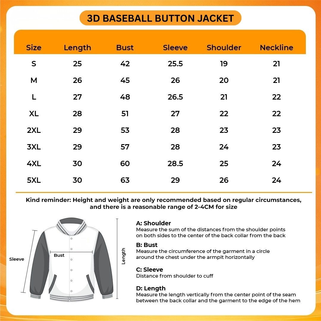 3D Baseball Button Jacket Size Chart - Inuyasha Shop