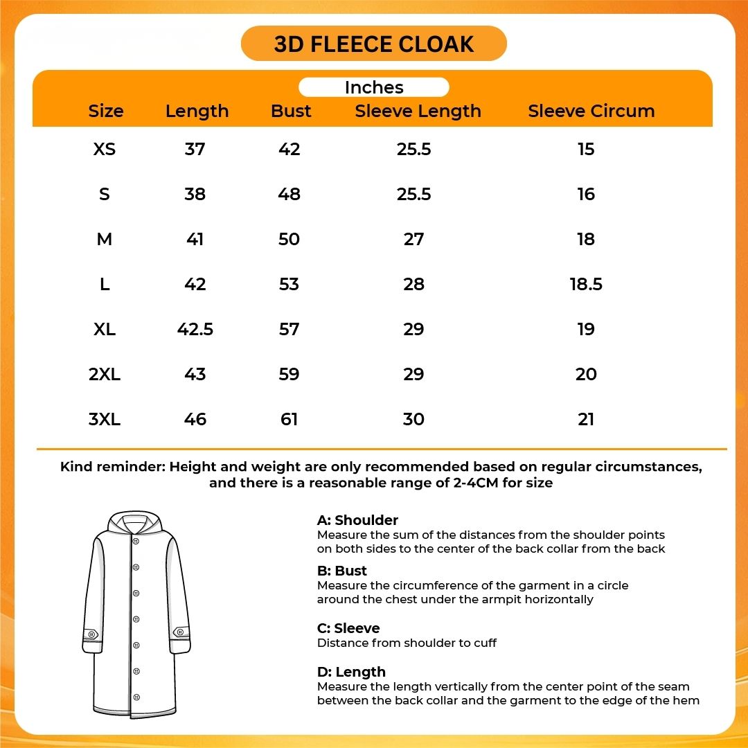 3D Fleece Cloak Size Chart - Inuyasha Shop