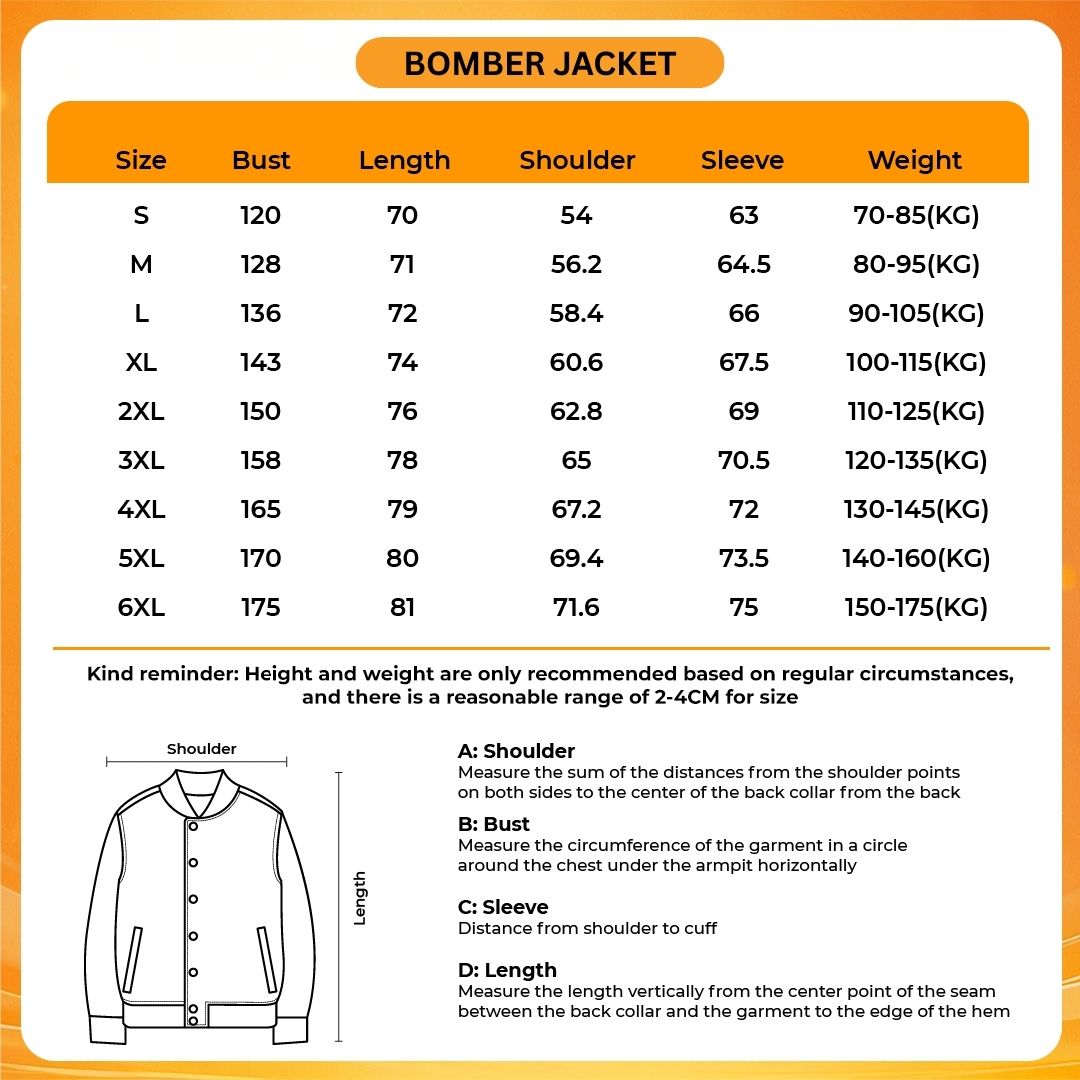 Bomber Jacket Size Chart - Inuyasha Shop