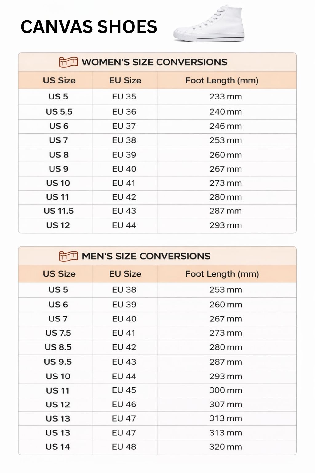 High Top Canvas Shoes Size Chart - Inuyasha Shop