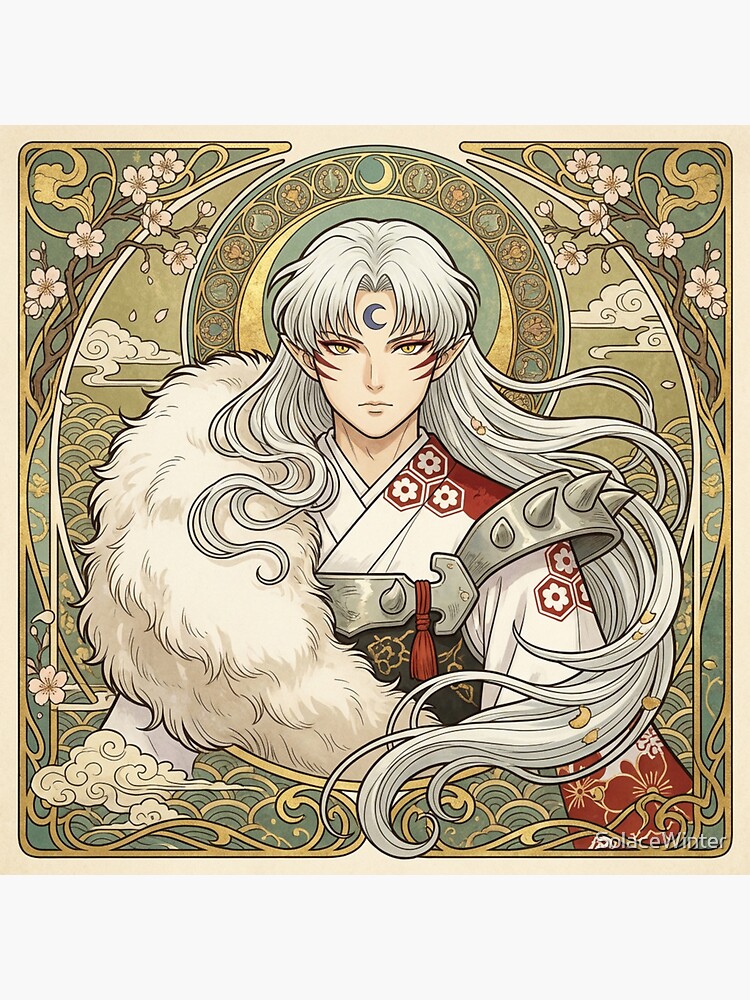 Sesshomaru Mucha Inspired Portrait Throw Pillow - Image 2