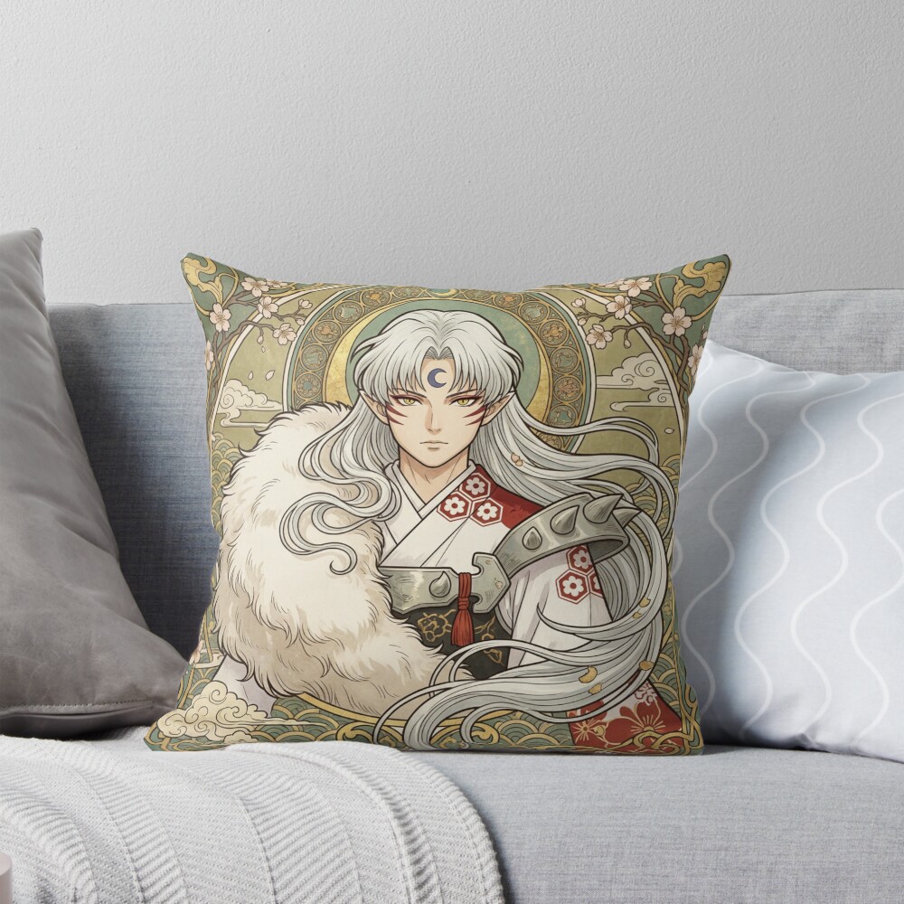 Sesshomaru Mucha Inspired Portrait Throw Pillow